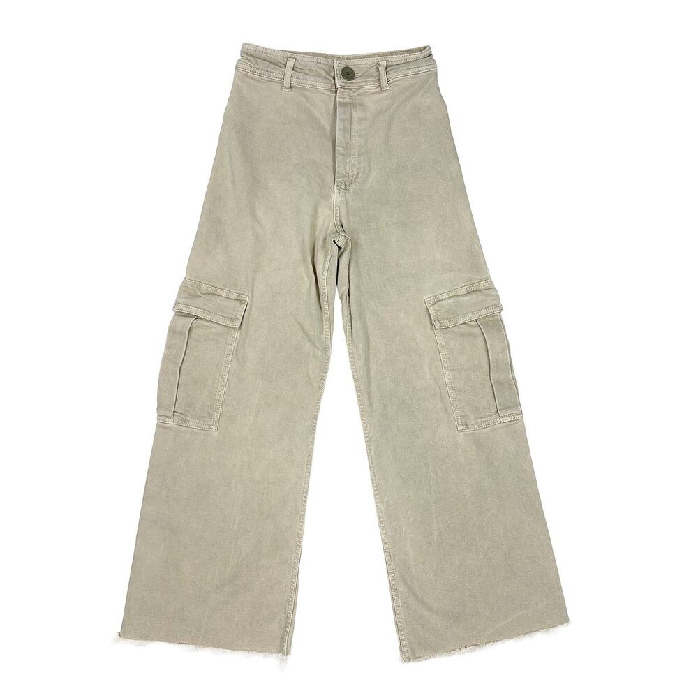 Zara Wide Leg Cargo Jeans Women 4 Beige High Rise Raw Hem Utility Marine Stretch